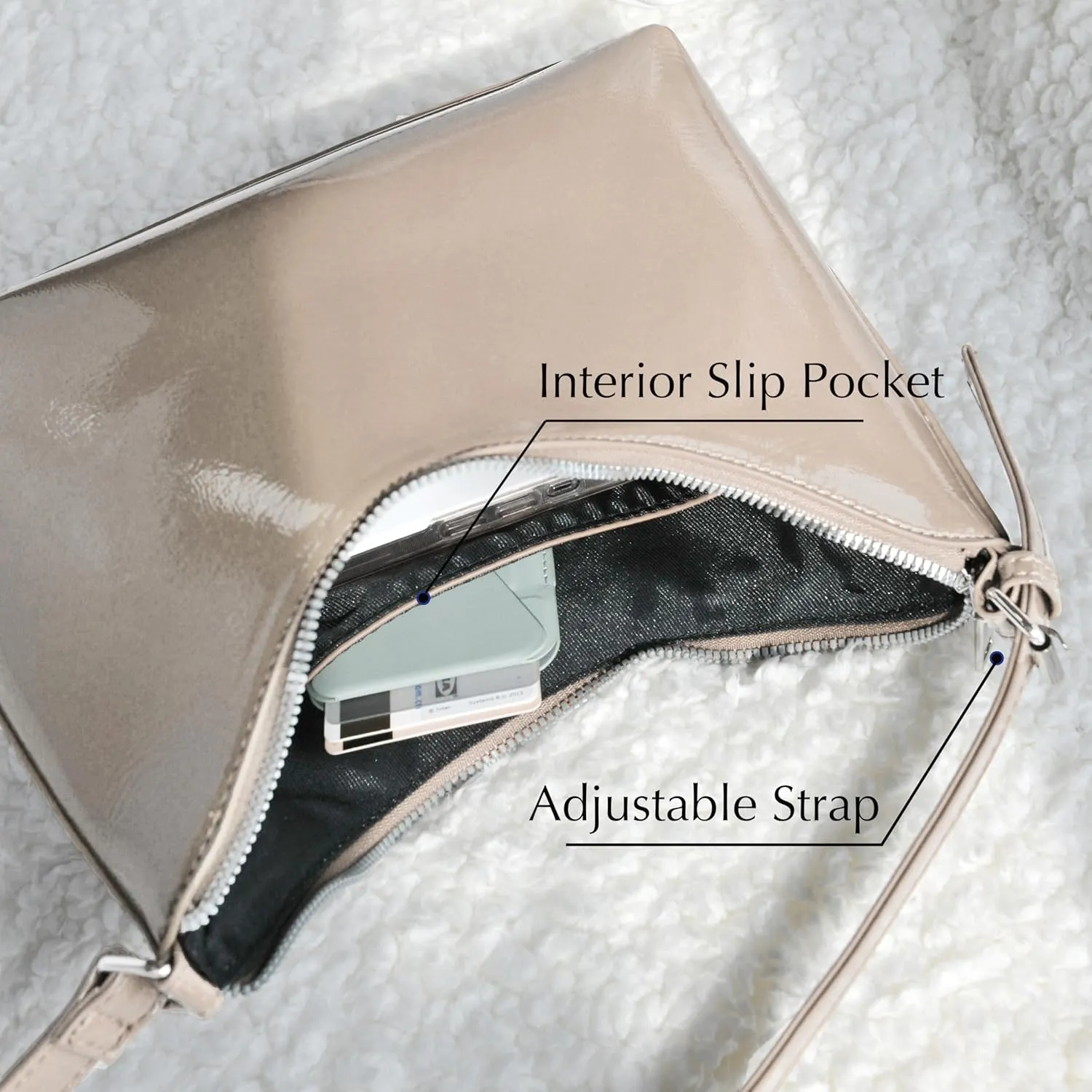 HOXIS Minimalist Faux Patent Leather Shoulder Bag Shiny Women Purse Y2K Style