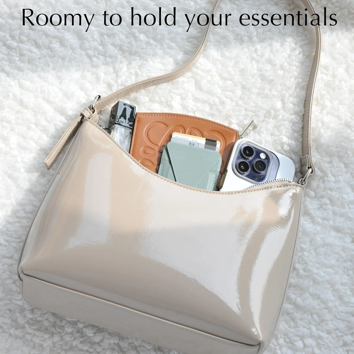 HOXIS Minimalist Faux Patent Leather Shoulder Bag Shiny Women Purse Y2K Style