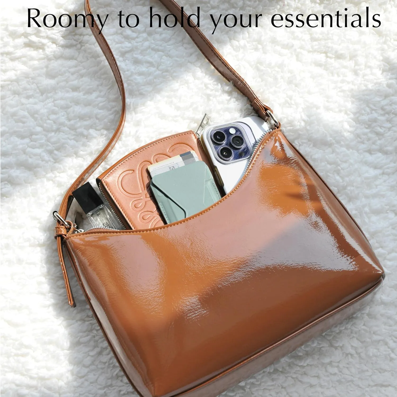 HOXIS Minimalist Faux Patent Leather Shoulder Bag Shiny Women Purse Y2K Style