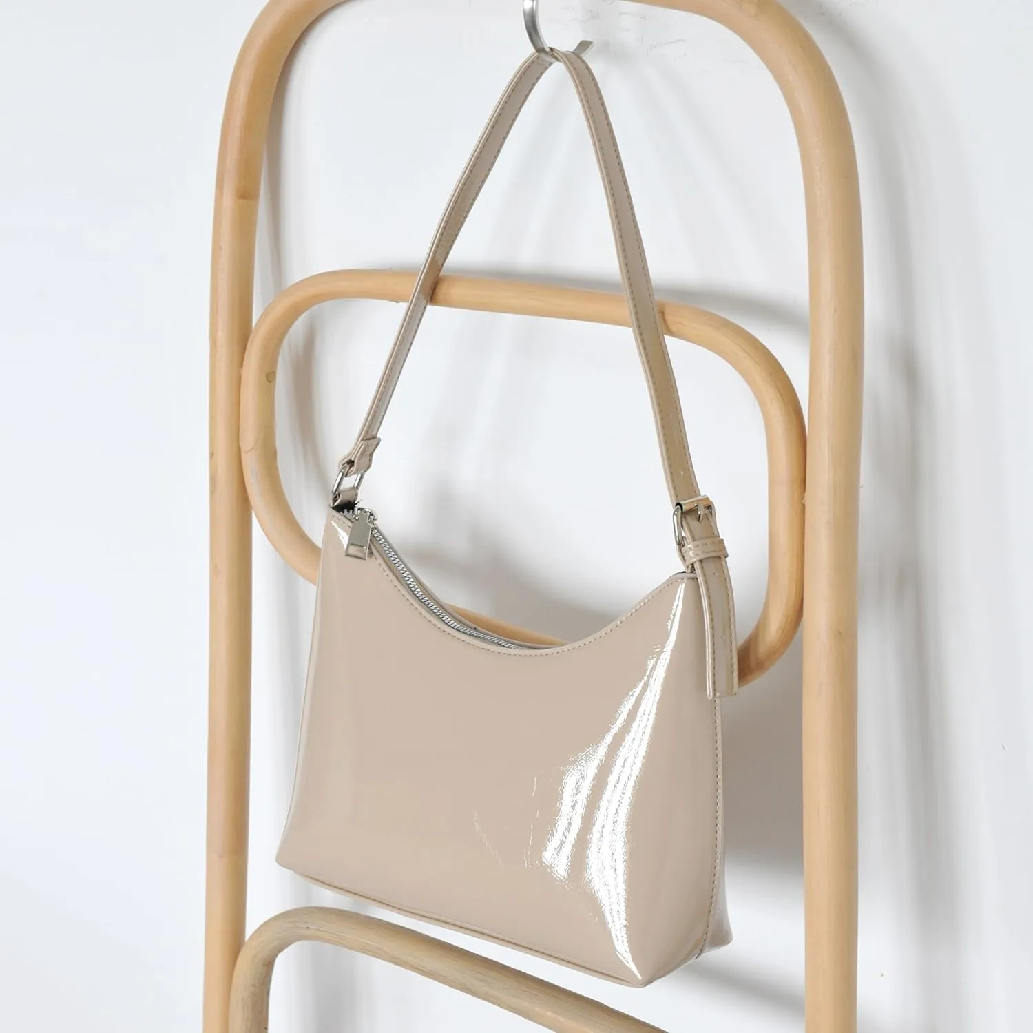 HOXIS Minimalist Faux Patent Leather Shoulder Bag Shiny Women Purse Y2K Style