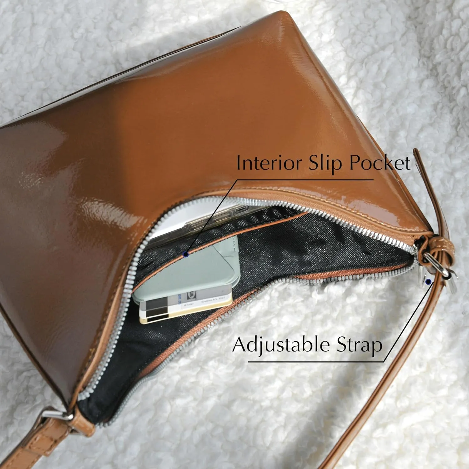 HOXIS Minimalist Faux Patent Leather Shoulder Bag Shiny Women Purse Y2K Style