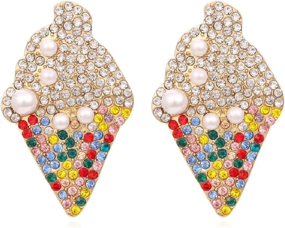 Ice Cream Earrings for Women, Cute Food Ice Cream Cone Earrings, Pearl Ice Cream Post Earrings Hypoallergenic, Beaded Pearls Ice Cream Earrings Studs, Ice Cream Jewelry -s Funny Earrings