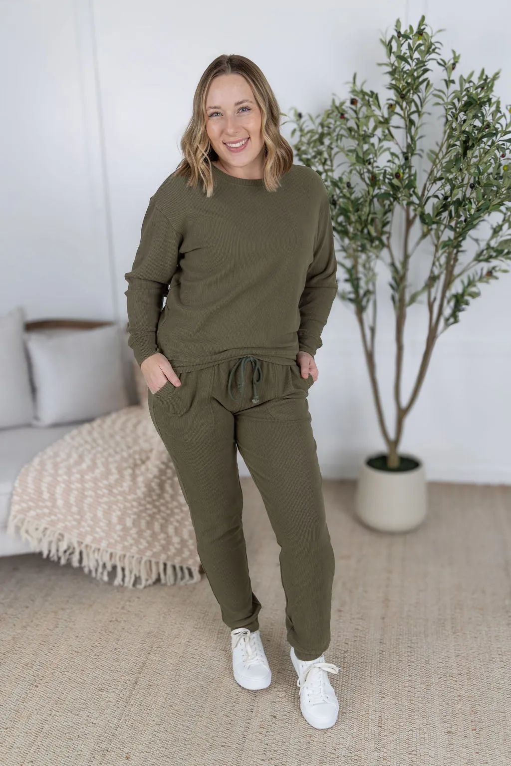 IN PRODUCTION Corrine Ribbed Pullover Top - Olive