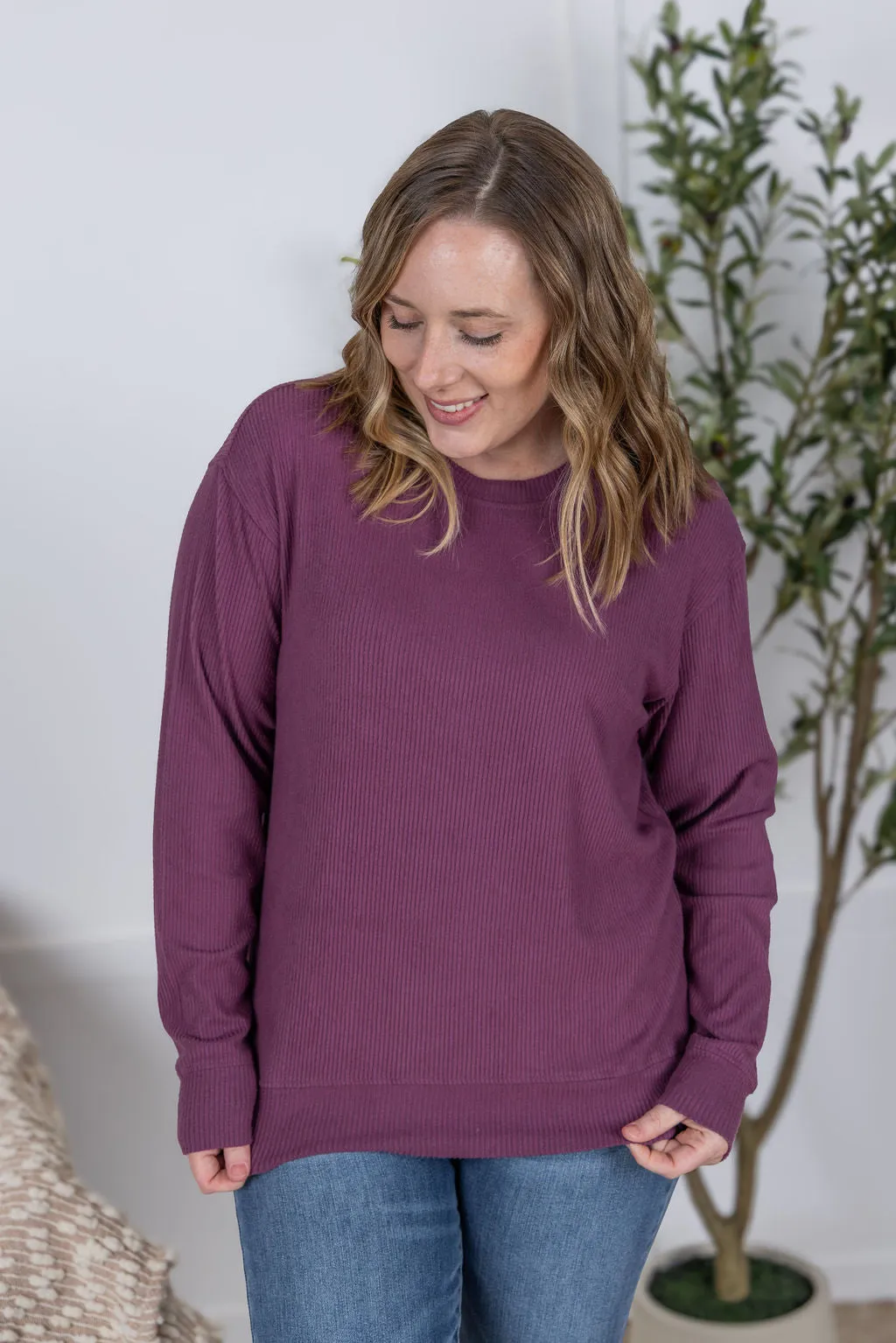 IN PRODUCTION Corrine Ribbed Pullover Top - Plum