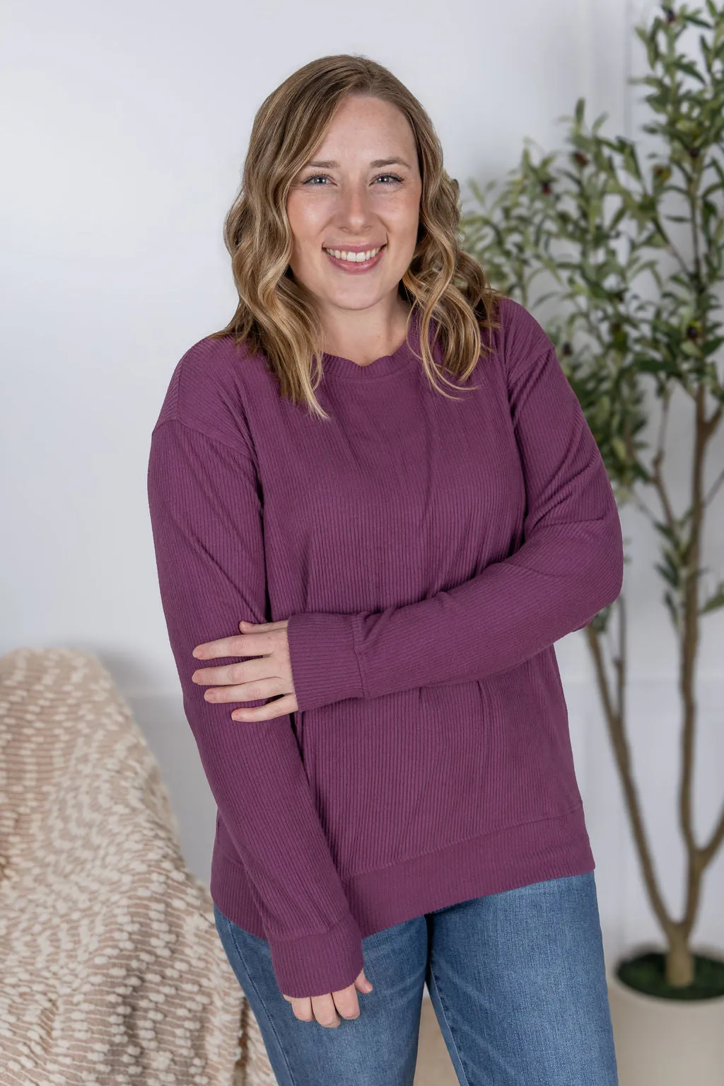 IN PRODUCTION Corrine Ribbed Pullover Top - Plum