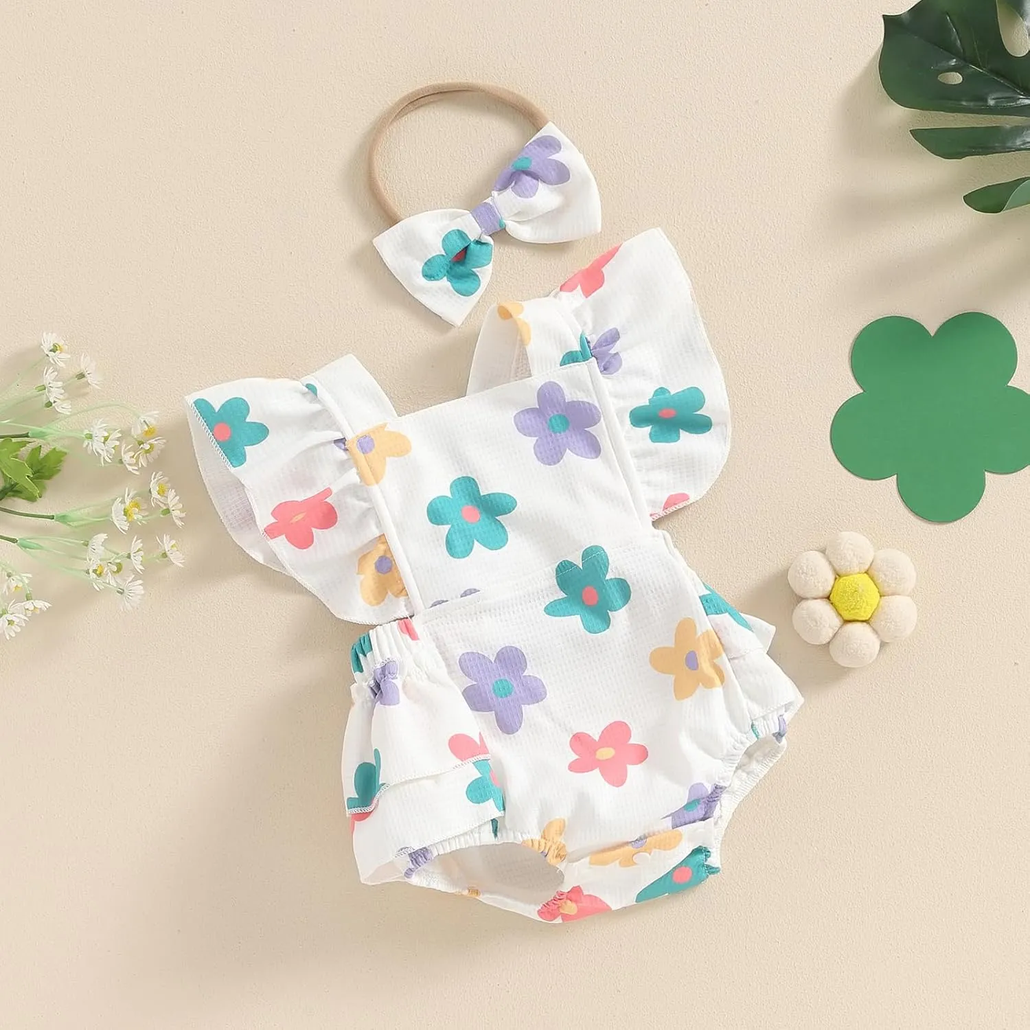 Infant Baby Girl Summer Clothes Outfits Cute Print Fly Sleeve Romper Jumpsuit Bodysuit with Headband