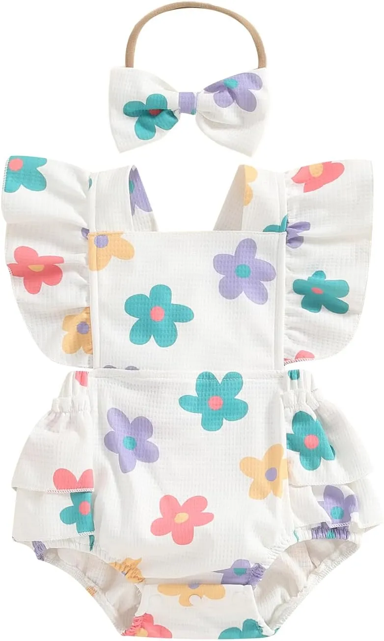 Infant Baby Girl Summer Clothes Outfits Cute Print Fly Sleeve Romper Jumpsuit Bodysuit with Headband