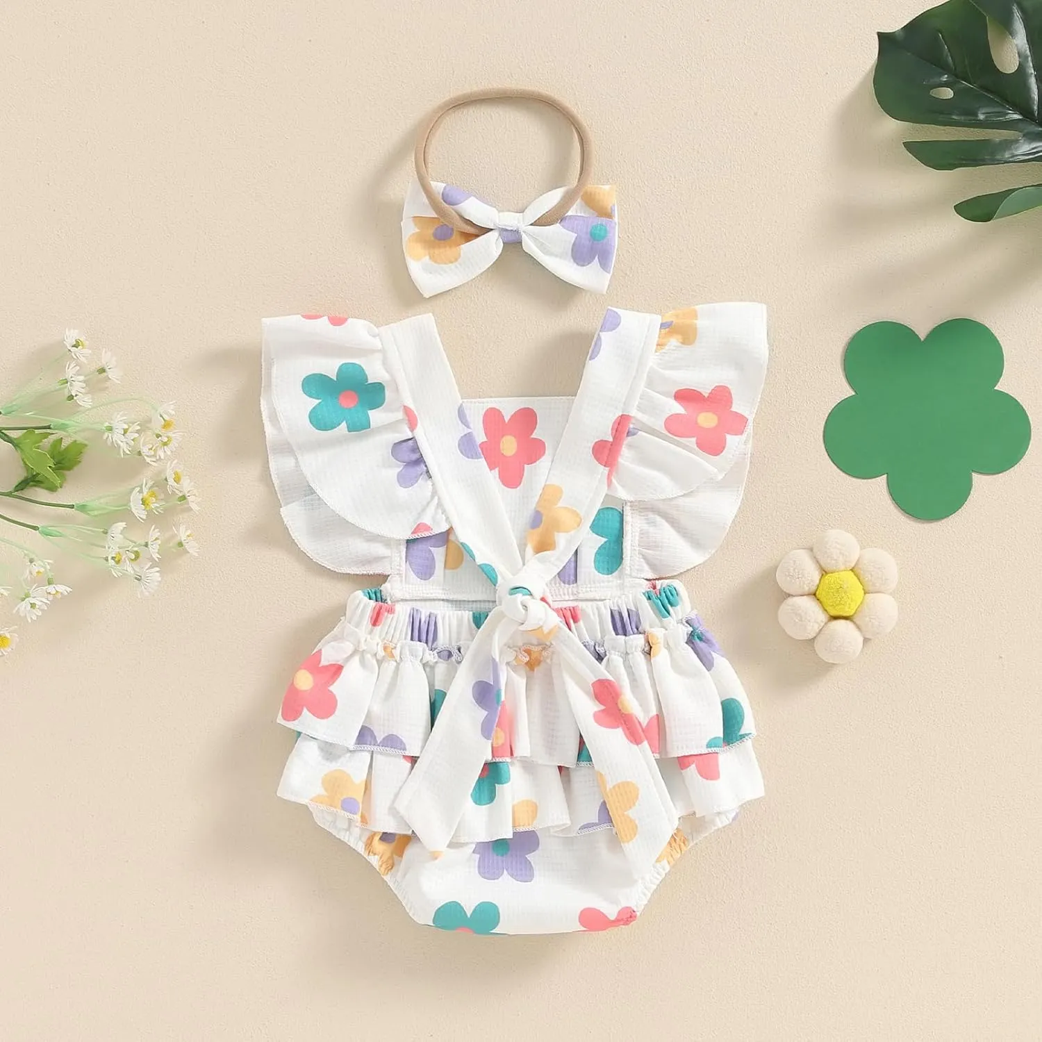 Infant Baby Girl Summer Clothes Outfits Cute Print Fly Sleeve Romper Jumpsuit Bodysuit with Headband