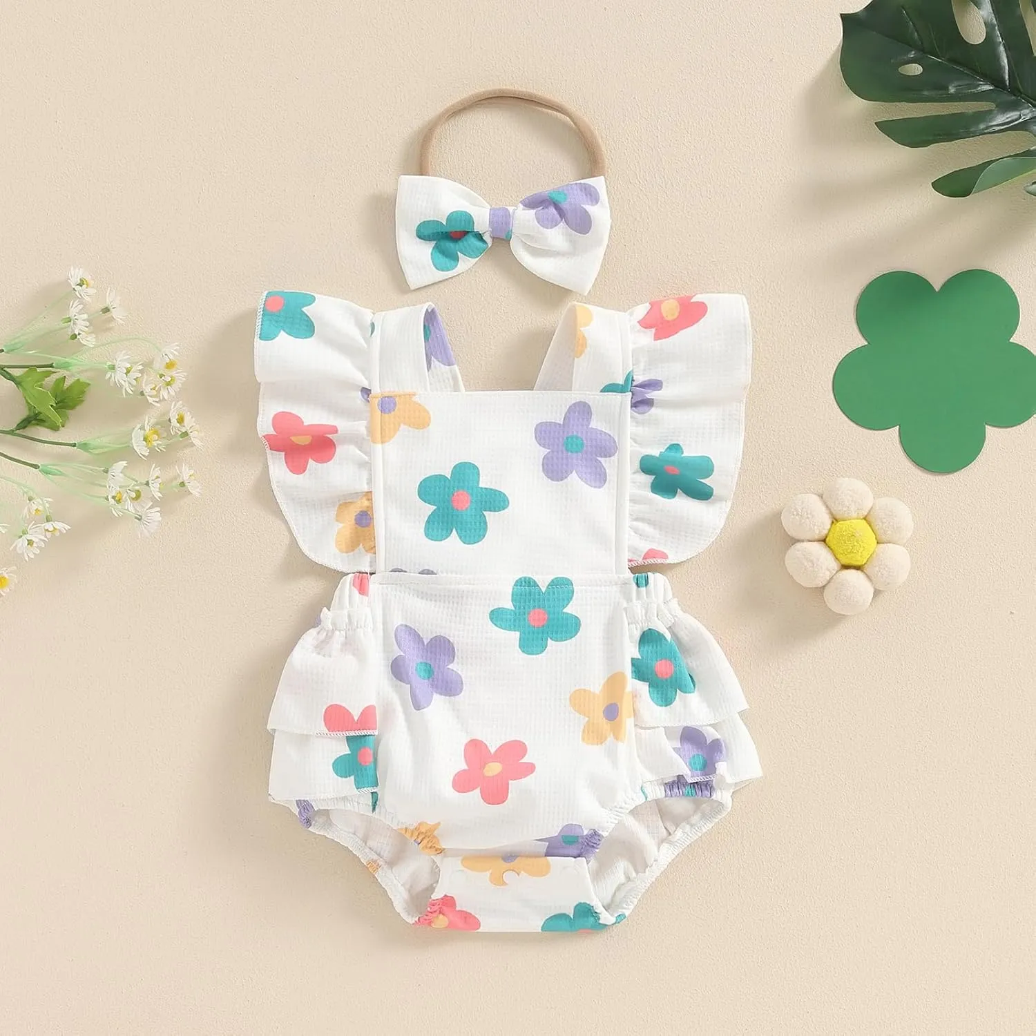 Infant Baby Girl Summer Clothes Outfits Cute Print Fly Sleeve Romper Jumpsuit Bodysuit with Headband