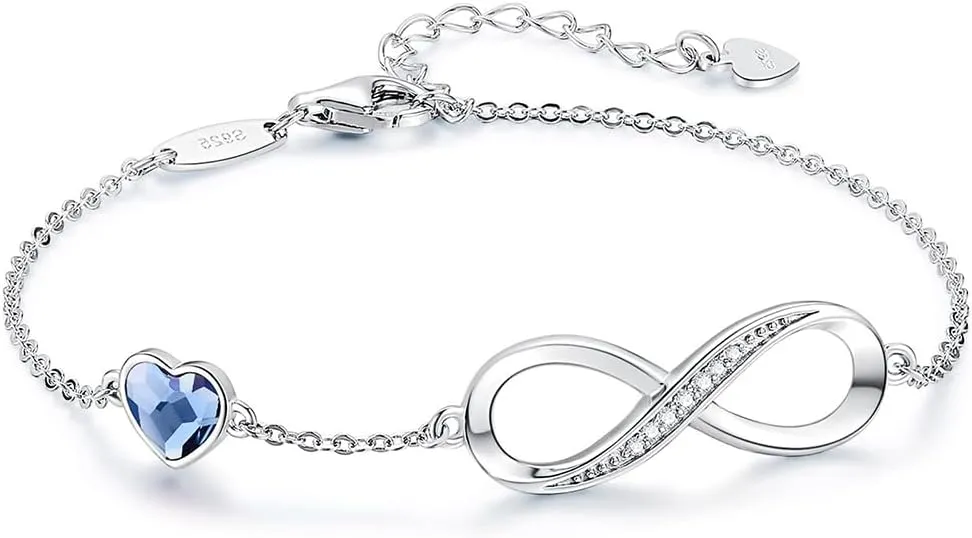 Infinity Heart Birthstone Charm Link Bracelet for Women 925 Sterling Silver Adjustable Mother's Day Gift Anniversary Jewelry Birthday Gifts for Women Wife Girlfriend Her
