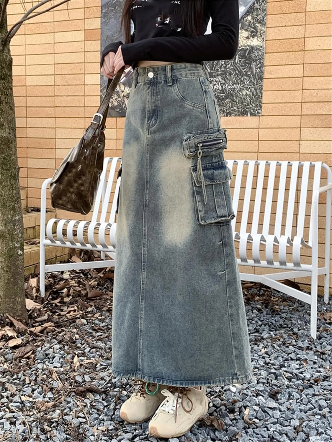 Joe Wenko Women Vintage Casual Denim Cargo Long Skirts