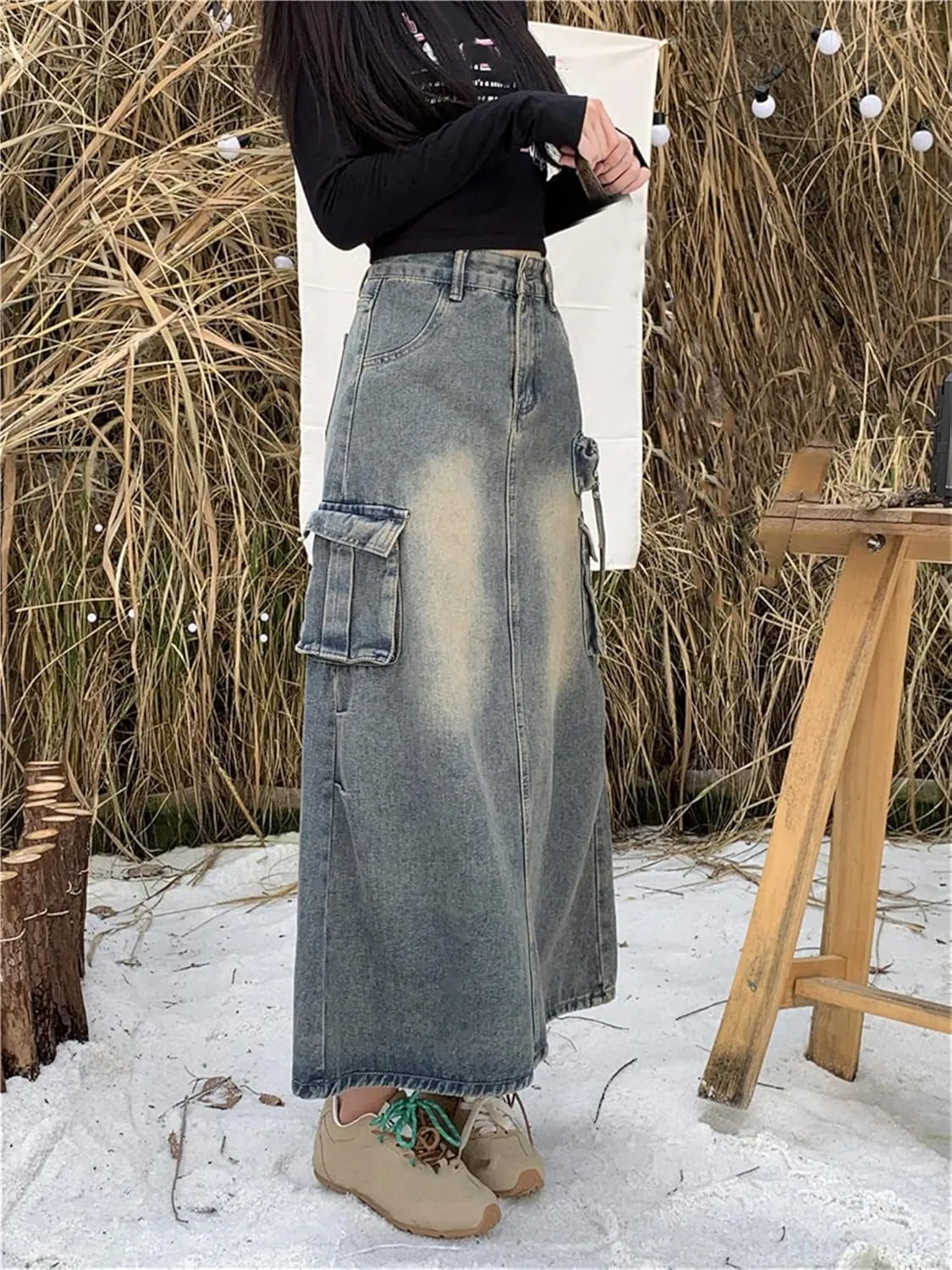 Joe Wenko Women Vintage Casual Denim Cargo Long Skirts