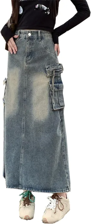 Joe Wenko Women Vintage Casual Denim Cargo Long Skirts
