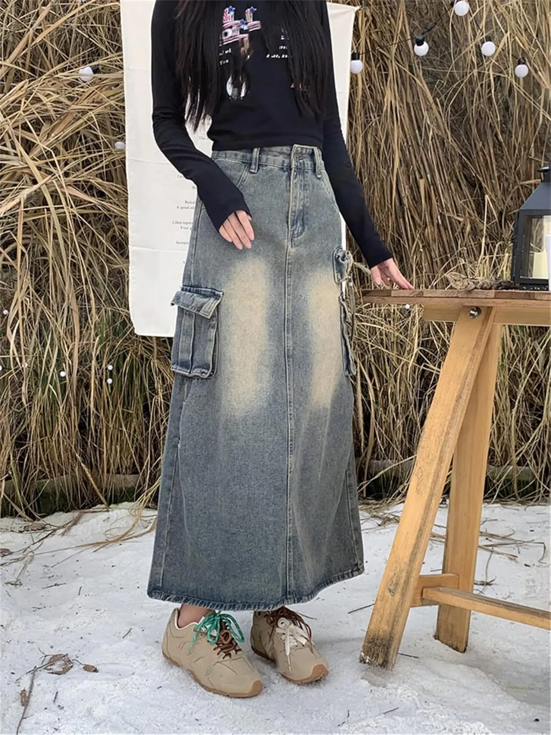 Joe Wenko Women Vintage Casual Denim Cargo Long Skirts