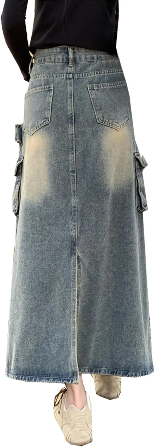 Joe Wenko Women Vintage Casual Denim Cargo Long Skirts