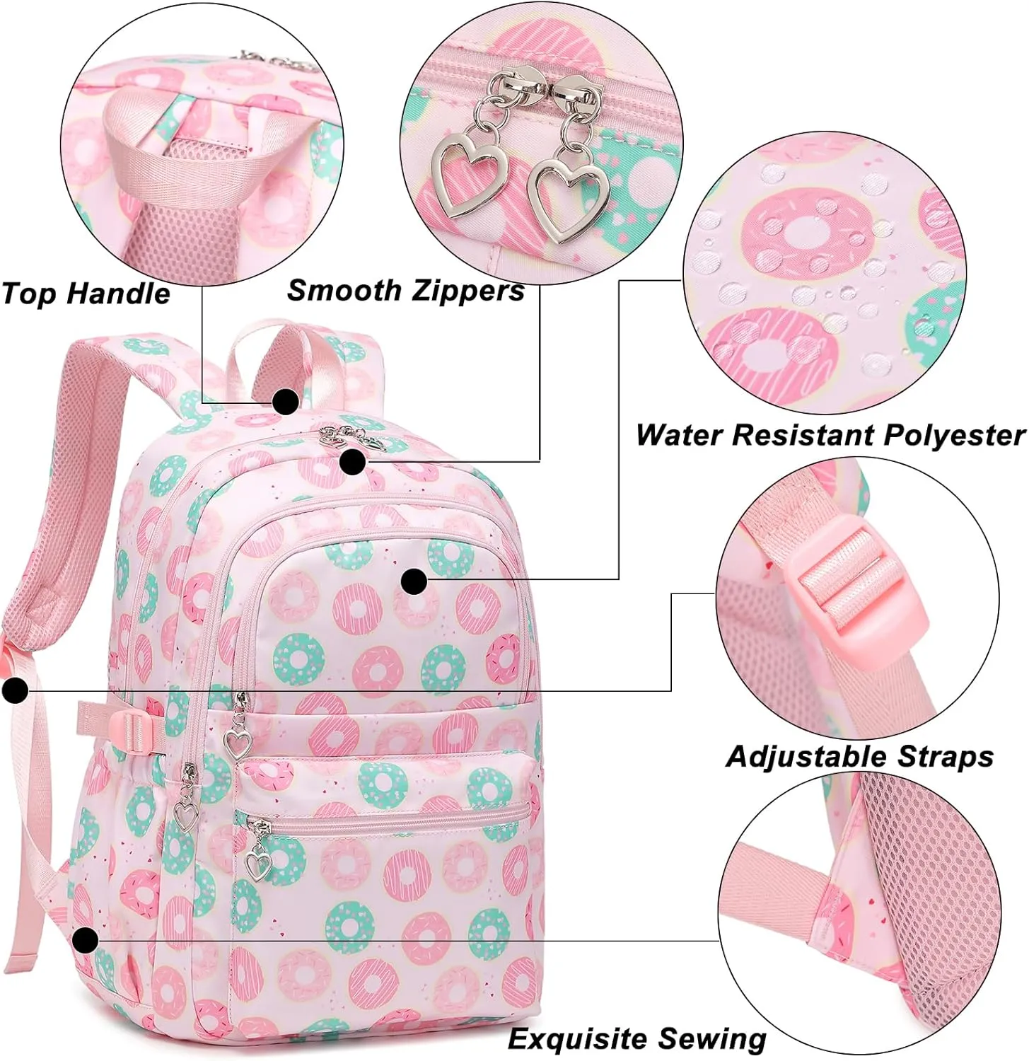 Joyfulife Donut Prints Backpack and Lunch Box for Girls, Kids Backpack for Girls School Bags Backpack with Lunch Box and Pencil Case
