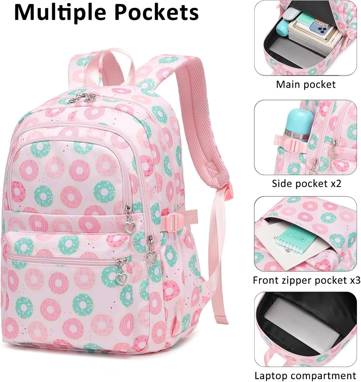 Joyfulife Donut Prints Backpack and Lunch Box for Girls, Kids Backpack for Girls School Bags Backpack with Lunch Box and Pencil Case
