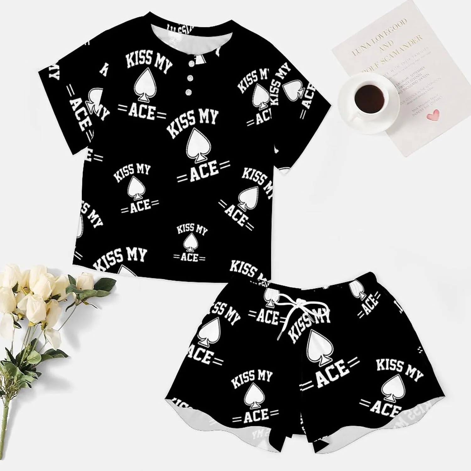 Kiss My Ace Poker Pajamas Set for Women Casual Pullover Short Sleeves And Shorts Two Piece Loungewear Set
