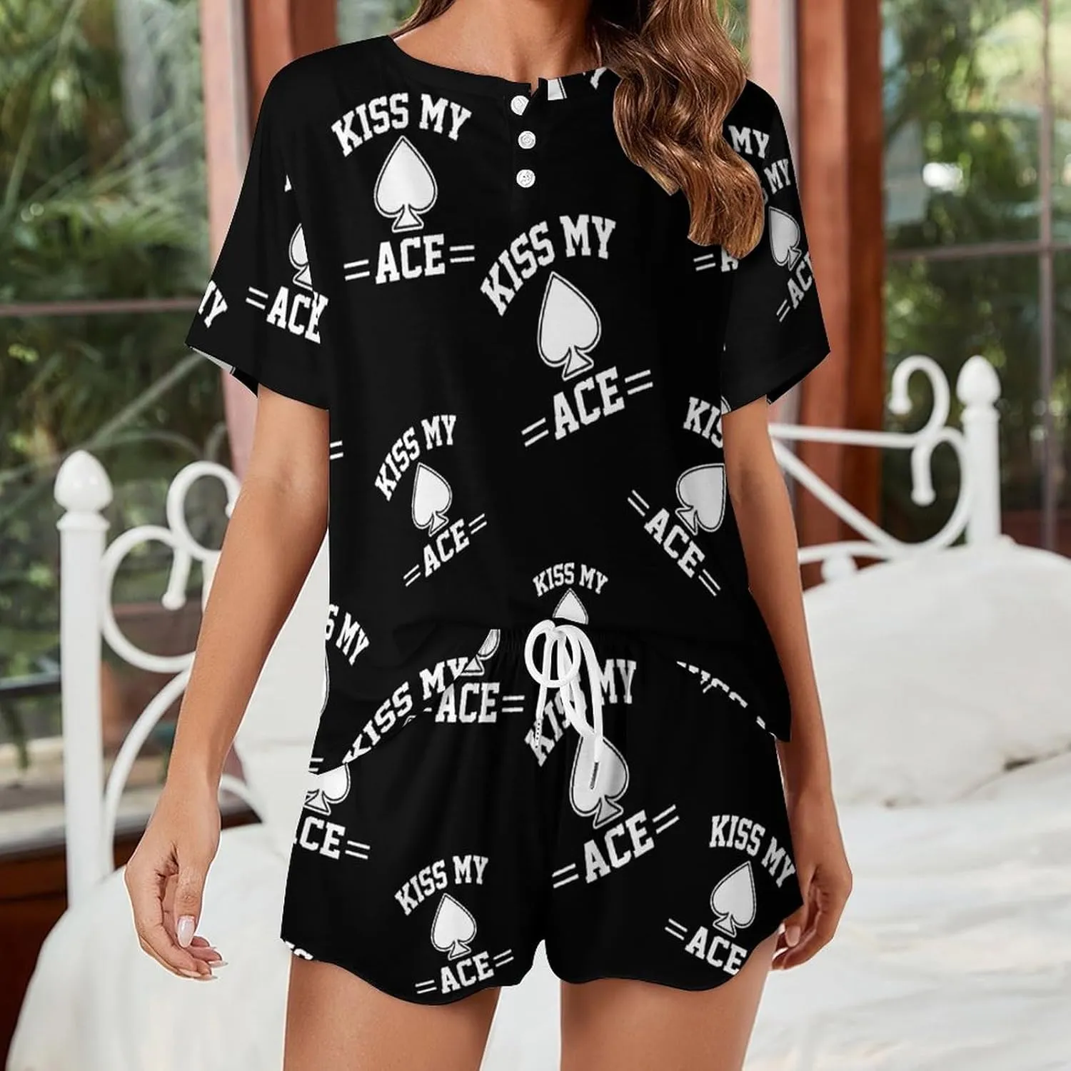 Kiss My Ace Poker Pajamas Set for Women Casual Pullover Short Sleeves And Shorts Two Piece Loungewear Set