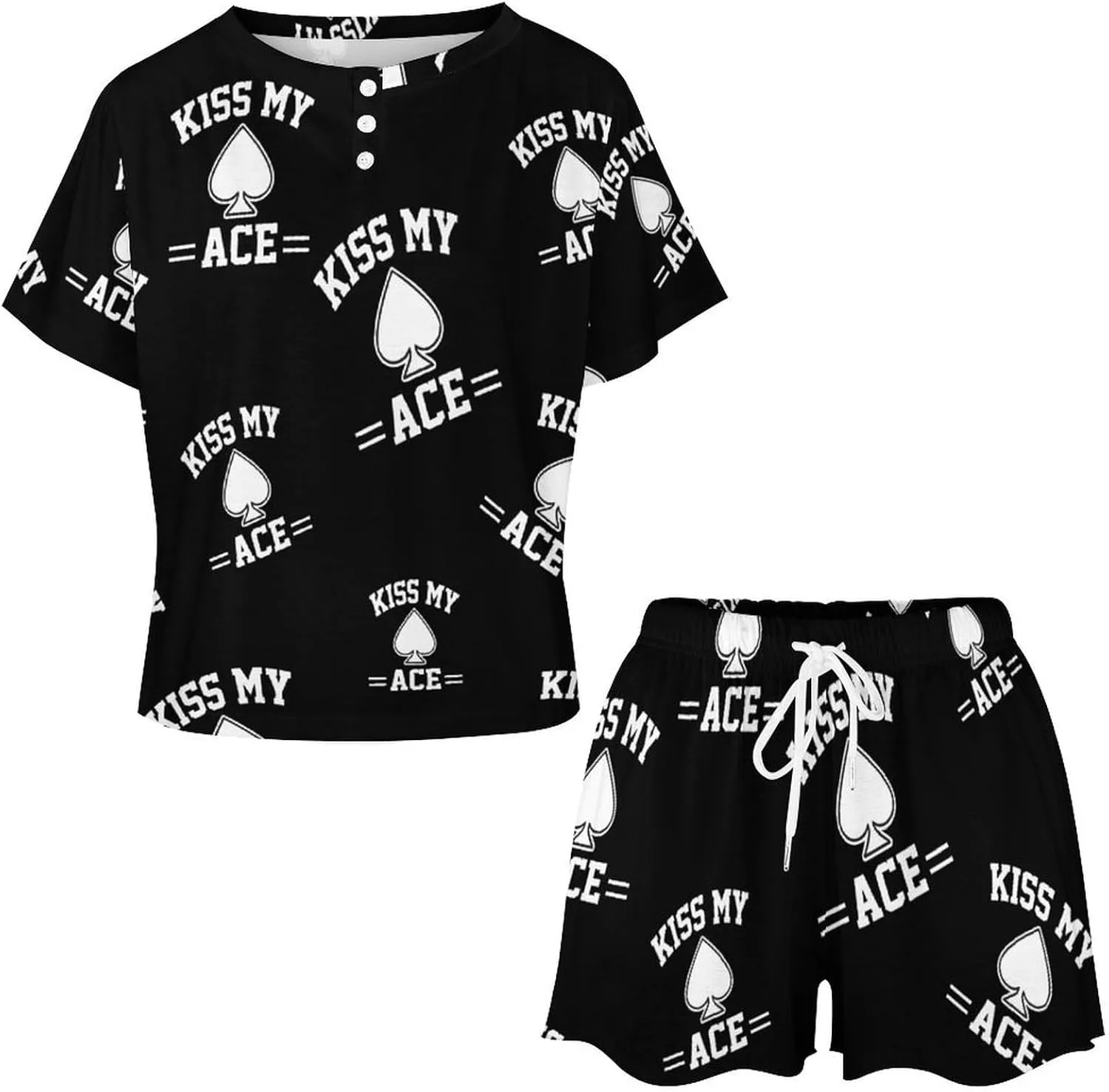 Kiss My Ace Poker Pajamas Set for Women Casual Pullover Short Sleeves And Shorts Two Piece Loungewear Set