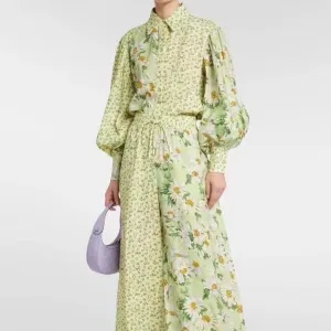 KittenAlarm - Maddie Floral Lantern Sleeve Blouses & Tie Strap Long Pants Set