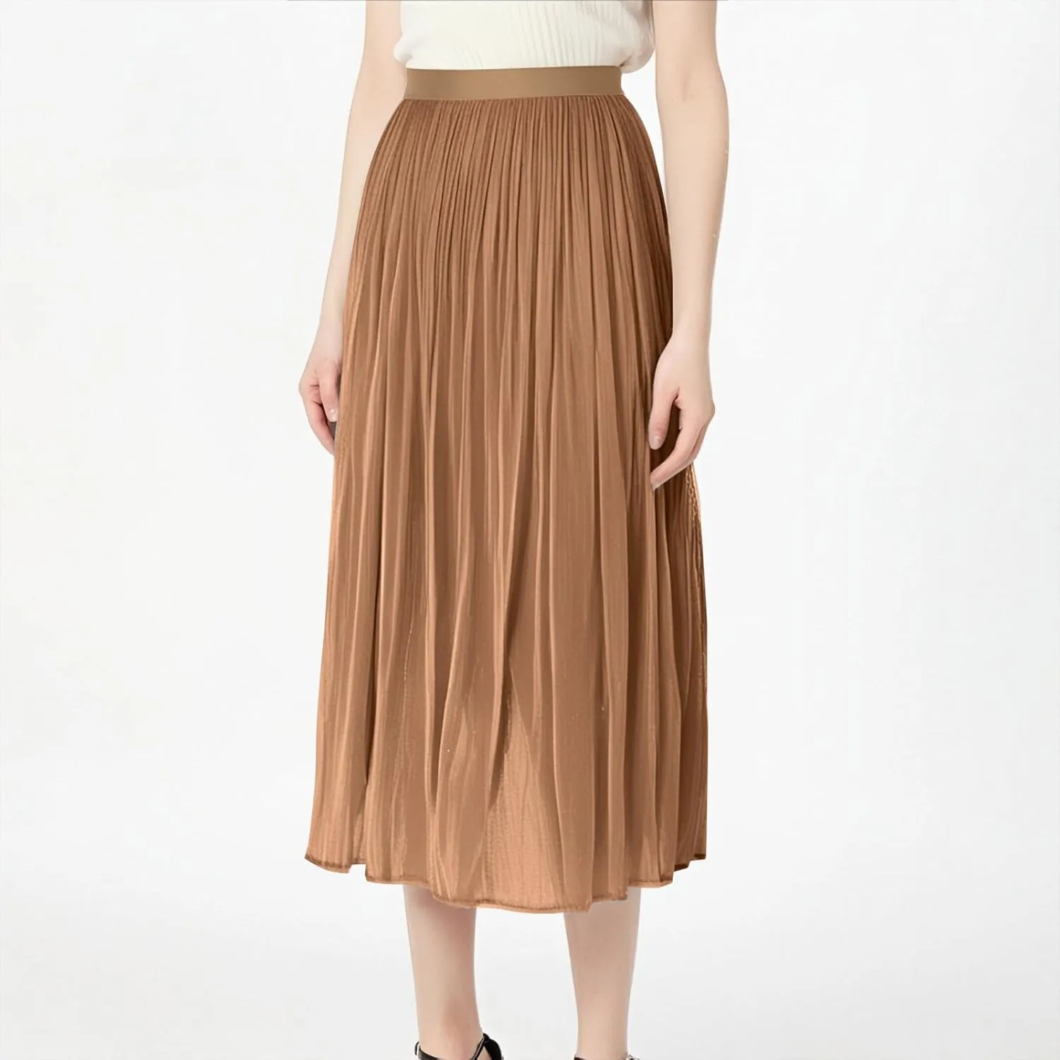 Ladies Trendy Elegant Tulle Skirt Pleated High Waist Tummy Control Midi Skirts Party Dance A-Line Swing Skirt Dress