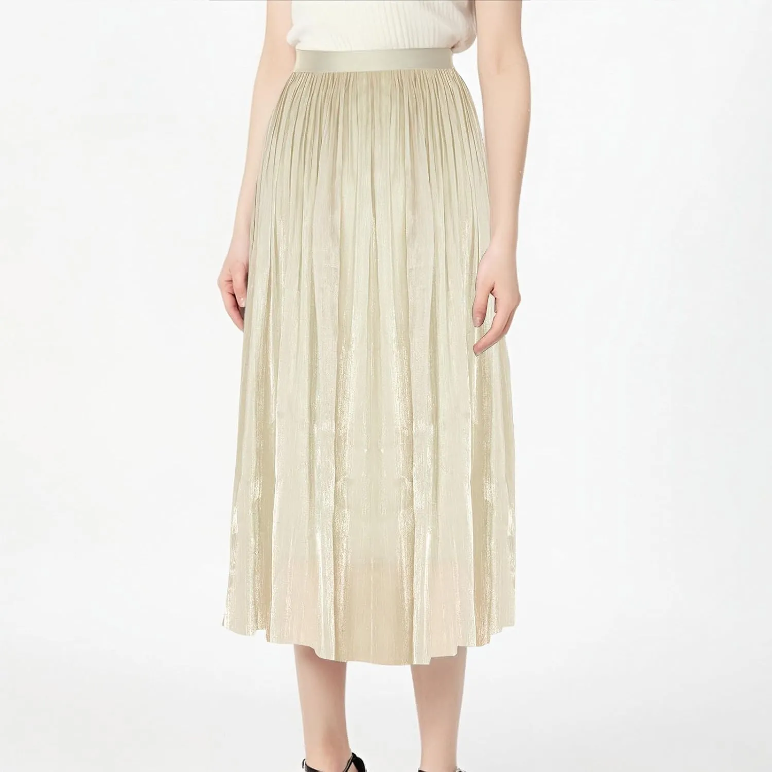 Ladies Trendy Elegant Tulle Skirt Pleated High Waist Tummy Control Midi Skirts Party Dance A-Line Swing Skirt Dress