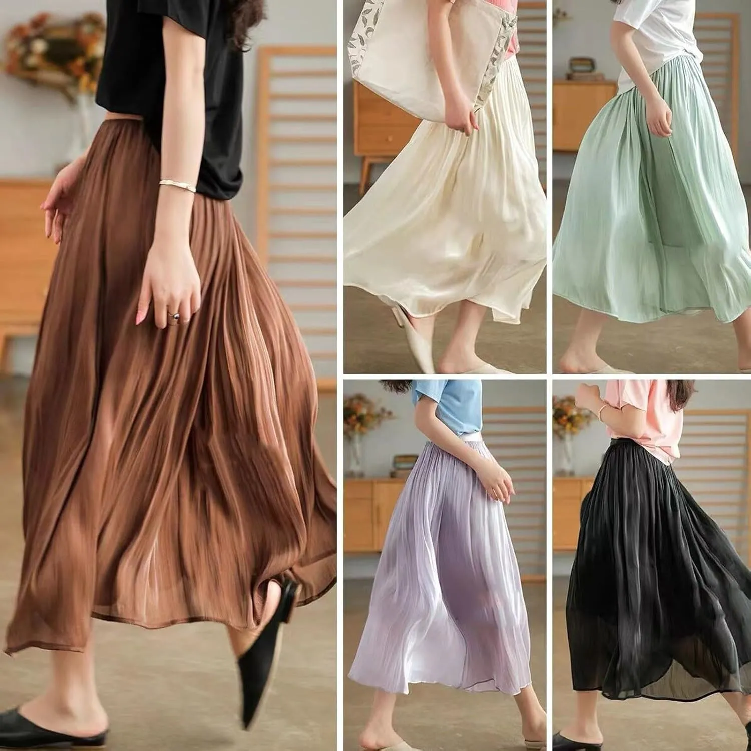 Ladies Trendy Elegant Tulle Skirt Pleated High Waist Tummy Control Midi Skirts Party Dance A-Line Swing Skirt Dress