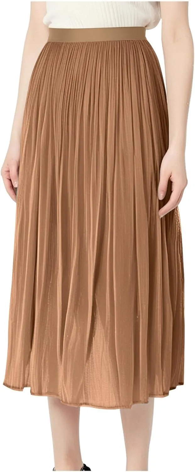 Ladies Trendy Elegant Tulle Skirt Pleated High Waist Tummy Control Midi Skirts Party Dance A-Line Swing Skirt Dress