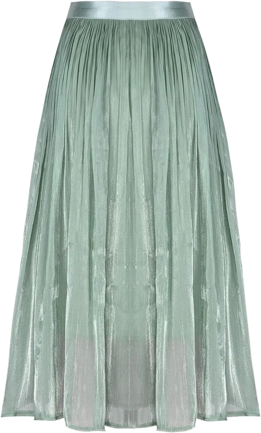 Ladies Trendy Elegant Tulle Skirt Pleated High Waist Tummy Control Midi Skirts Party Dance A-Line Swing Skirt Dress