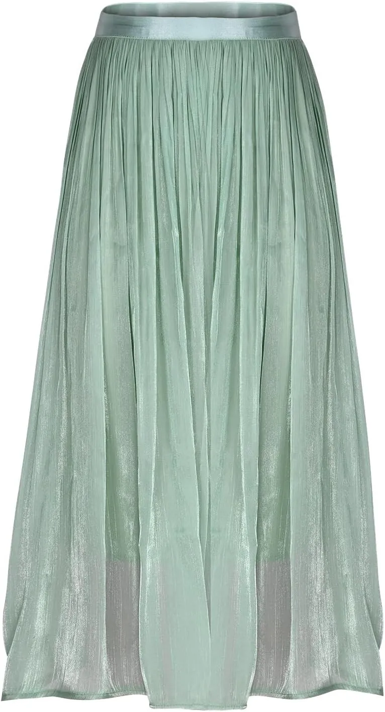 Ladies Trendy Elegant Tulle Skirt Pleated High Waist Tummy Control Midi Skirts Party Dance A-Line Swing Skirt Dress
