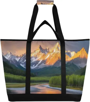 Landscape Moutain Forest Large Insulated Reusable Tote Bag for Grocery Shopping for Women Men, Cooler Bag with Zippered Top & Handles for Travel Beach Picnic