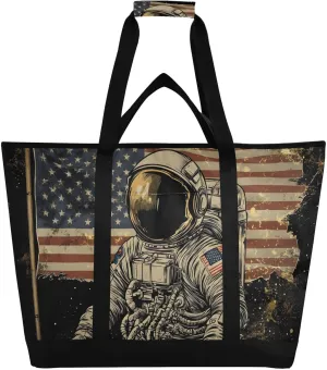 Large Insulated Reusable Tote Bag Astronaut Retro American Flag for Grocery Shopping for Women Men, Cooler Bag with Zippered Top & Handles for Travel Beach Picnic