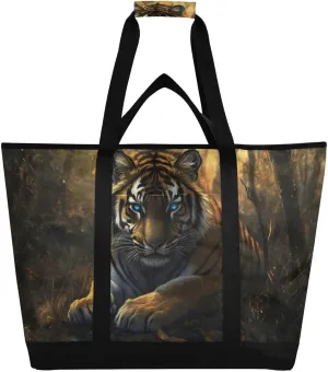 Large Insulated Reusable Tote Bag Bengal Cat Forest Blue for Grocery Shopping for Women Men, Cooler Bag with Zippered Top & Handles for Travel Beach Picnic