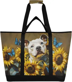 Large Insulated Reusable Tote Bag Boxer Sunflower Cute for Grocery Shopping for Women Men, Cooler Bag with Zippered Top & Handles for Travel Beach Picnic