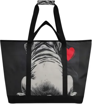 Large Insulated Reusable Tote Bag Pugdog Back Heart Red for Grocery Shopping for Women Men, Cooler Bag with Zippered Top & Handles for Travel Beach Picnic