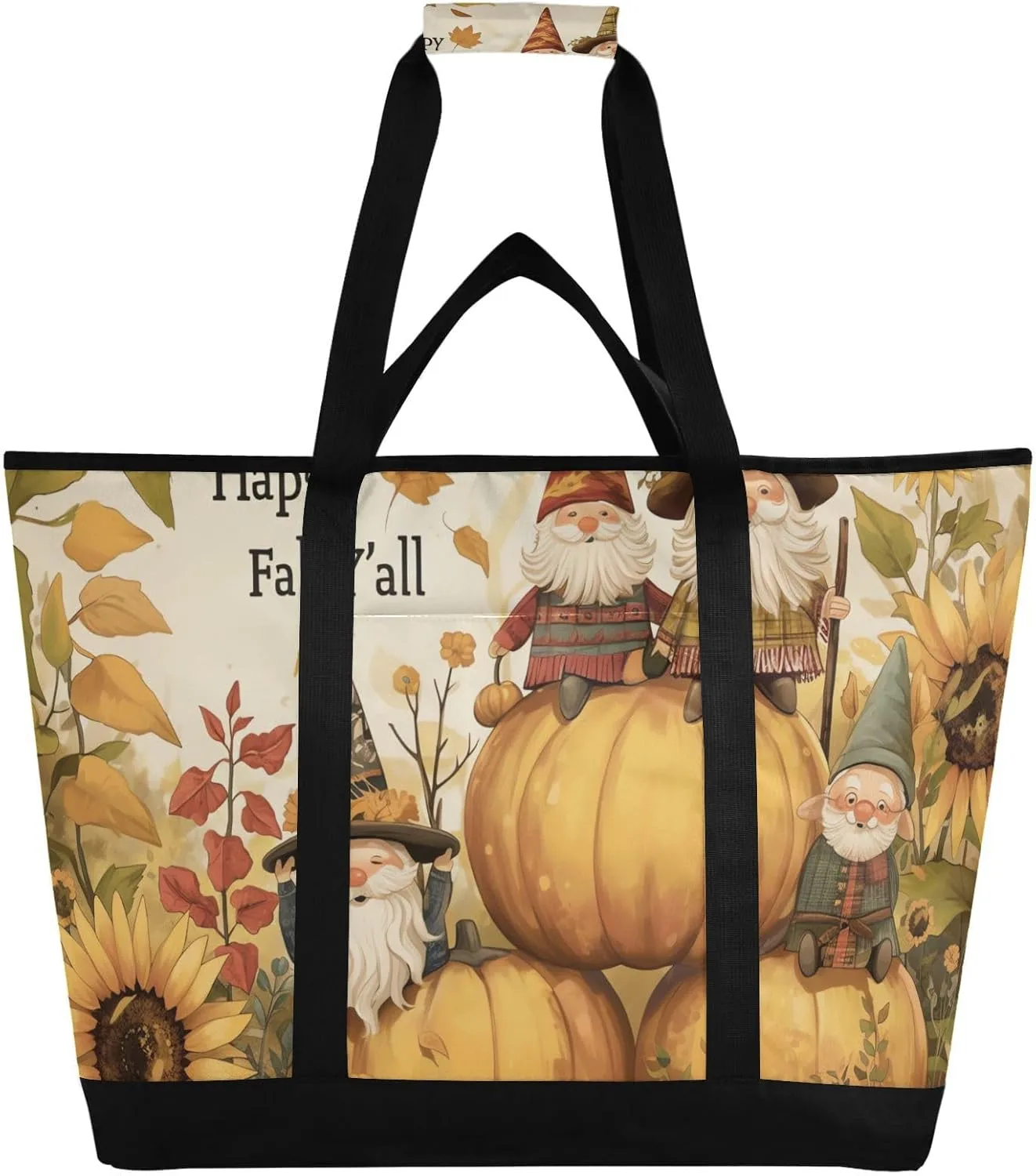 Large Insulated Reusable Tote Bag Pumpkin Thanksgiving Gnomes for Grocery Shopping for Women Men, Cooler Bag with Zippered Top & Handles for Travel Beach Picnic