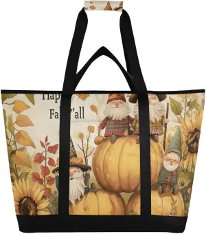 Large Insulated Reusable Tote Bag Pumpkin Thanksgiving Gnomes for Grocery Shopping for Women Men, Cooler Bag with Zippered Top & Handles for Travel Beach Picnic