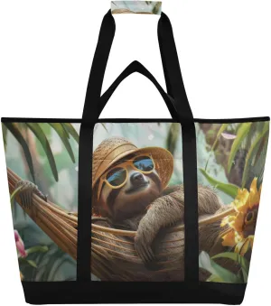 Large Insulated Reusable Tote Bag Sloth Sunhat Sunglasses for Grocery Shopping for Women Men, Cooler Bag with Zippered Top & Handles for Travel Beach Picnic