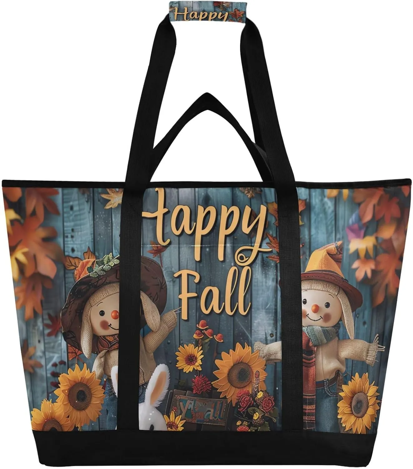 Large Insulated Reusable Tote Bag Thanksgiving Fall Pumpkins for Grocery Shopping for Women Men, Cooler Bag with Zippered Top & Handles for Travel Beach Picnic