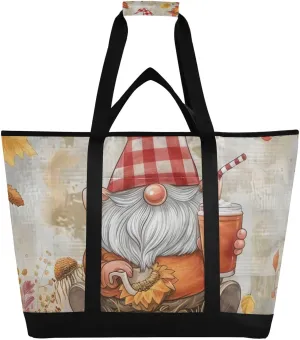 Large Insulated Reusable Tote Bag Thanksgiving Gnome Pumpkin Autumn for Grocery Shopping for Women Men, Cooler Bag with Zippered Top & Handles for Travel Beach Picnic