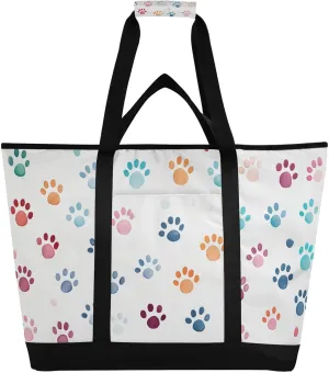 Large Insulated Reusable Tote Bag Unique-paw-Print-Patterns for Grocery Shopping for Women Men, Cooler Bag with Zippered Top & Handles for Travel Beach Picnic