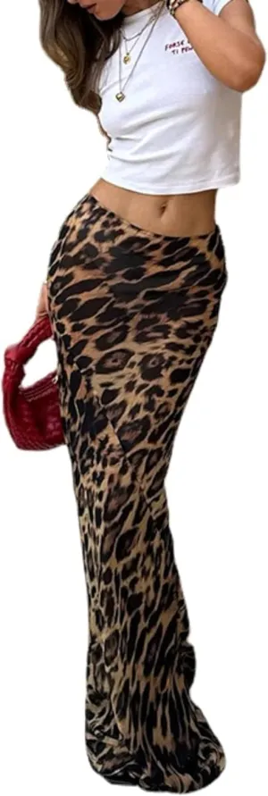 Leopard Print Maxi Skirt Floor Length Skirt Cute Satin Y2k Maxi Summer Skirts Long Skirts for Women Trendy (Leopard Print-1,Small)
