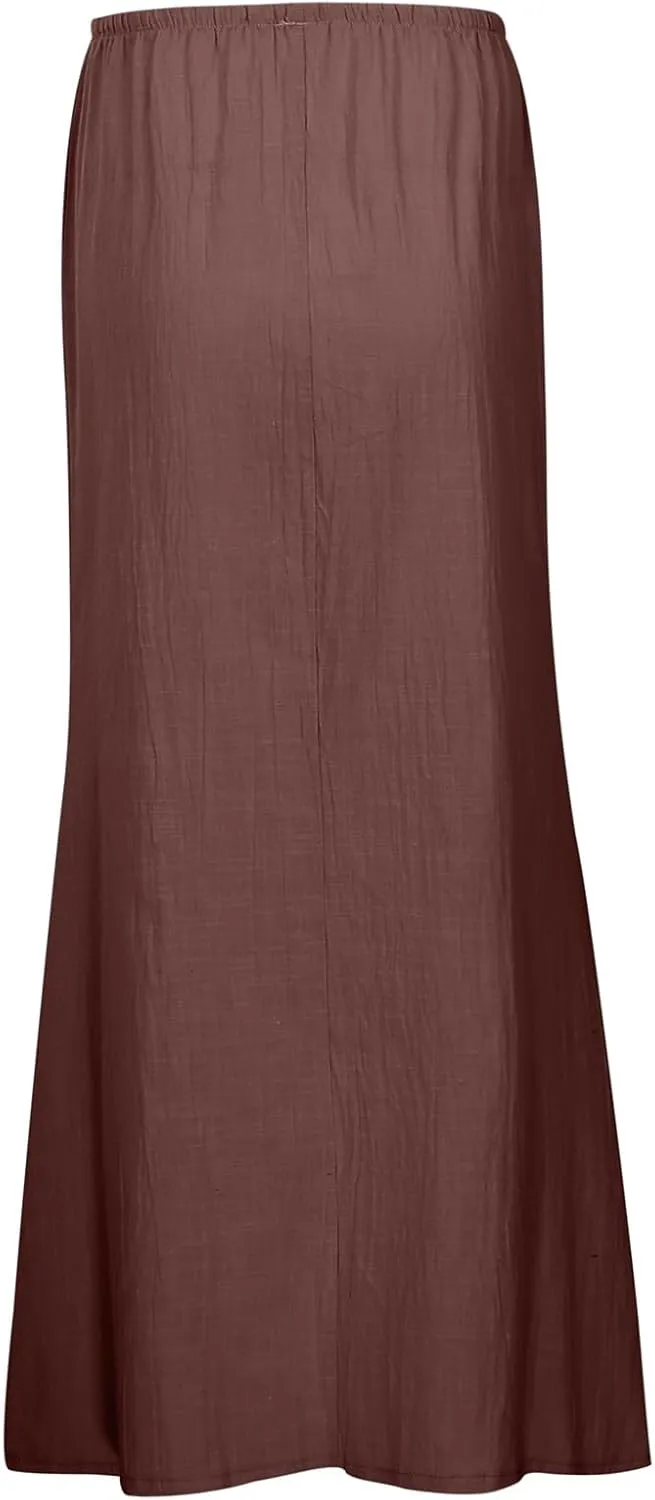 Linen Maxi Skirts for Women Trendy Summer 2025 Drawstring Waist A Line Skirts Cute Vacation Boho Long Flowy Skirts