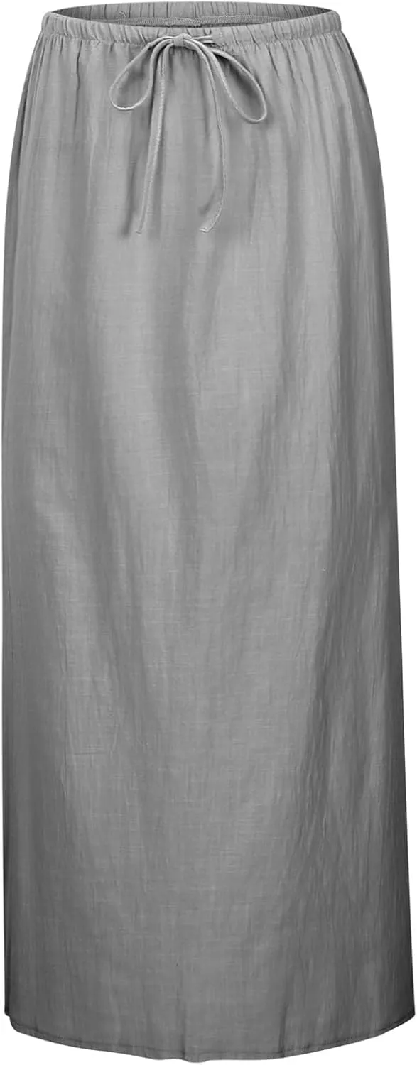Linen Maxi Skirts for Women Trendy Summer 2025 Drawstring Waist A Line Skirts Cute Vacation Boho Long Flowy Skirts
