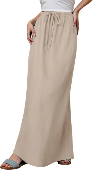 Linen Maxi Skirts for Women Trendy Summer 2025 Drawstring Waist A Line Skirts Cute Vacation Boho Long Flowy Skirts