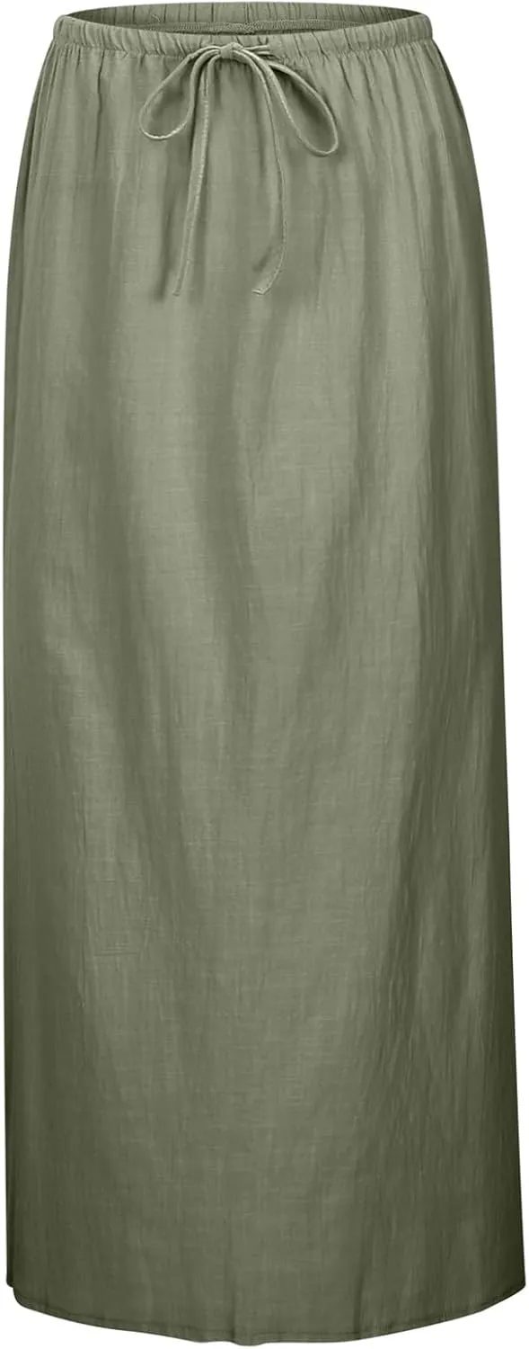 Linen Maxi Skirts for Women Trendy Summer 2025 Drawstring Waist A Line Skirts Cute Vacation Boho Long Flowy Skirts