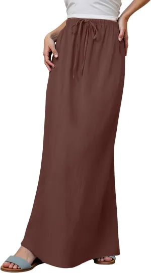 Linen Maxi Skirts for Women Trendy Summer 2025 Drawstring Waist A Line Skirts Cute Vacation Boho Long Flowy Skirts