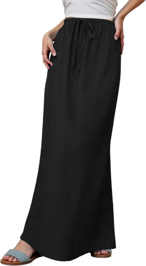 Linen Maxi Skirts for Women Trendy Summer 2025 Drawstring Waist A Line Skirts Cute Vacation Boho Long Flowy Skirts