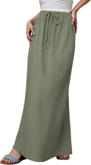 Linen Maxi Skirts for Women Trendy Summer 2025 Drawstring Waist A Line Skirts Cute Vacation Boho Long Flowy Skirts